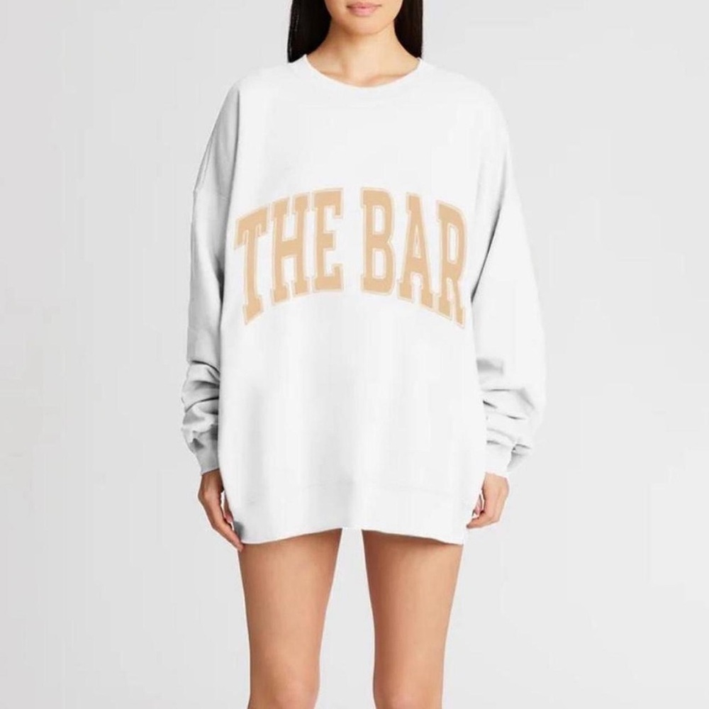 The Bar Varsity Sweatshirt in White with Tan Lettering Sz M